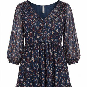 Urban Outfitters Omaha 3/4 Sleeve Print Blue Pleat Ruffle Metallic Dress Medium